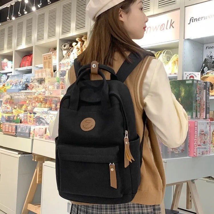 Black Oxford cloth retro fashion backpack with curved shoulder straps