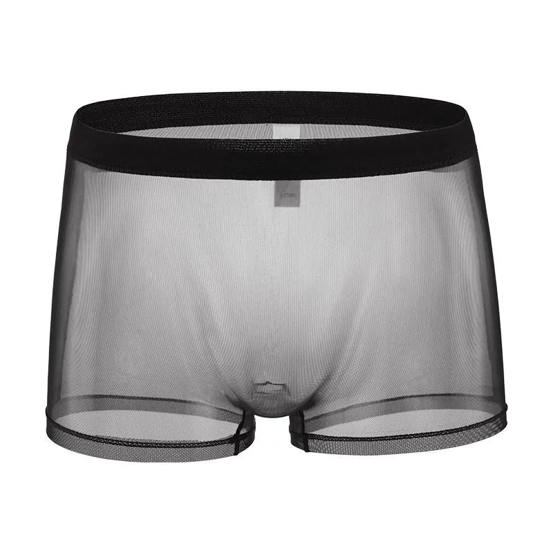 Men's mesh boxer briefs in black, white, green, pink, sapphire blue, and skin colour with low waist design
