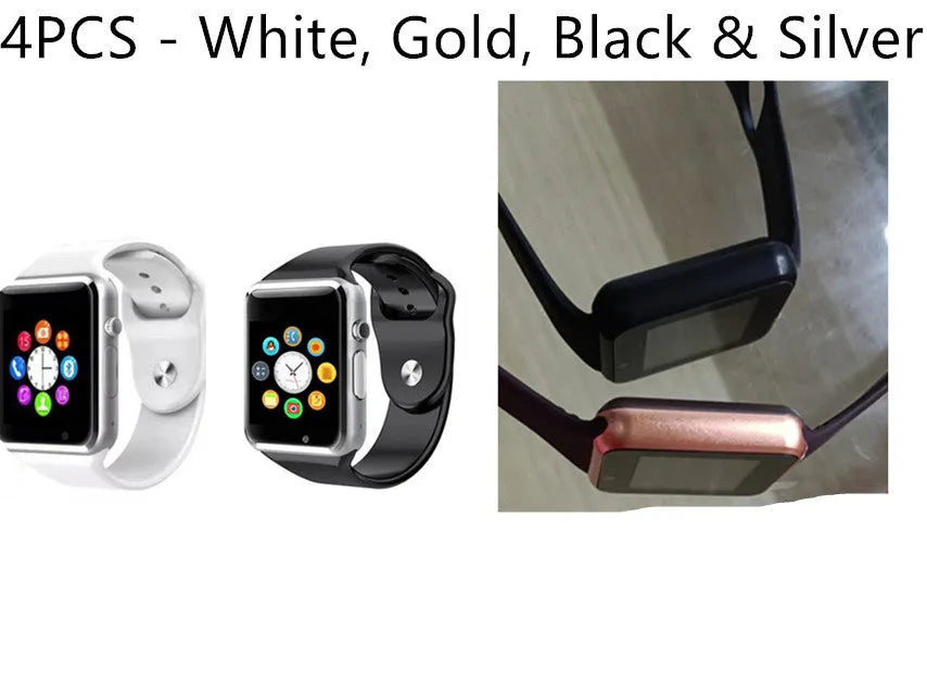 A1 Android smart watch with 1.54-inch screen, shown in available colours: black, silver, white, gold, pink, red, green, blue.