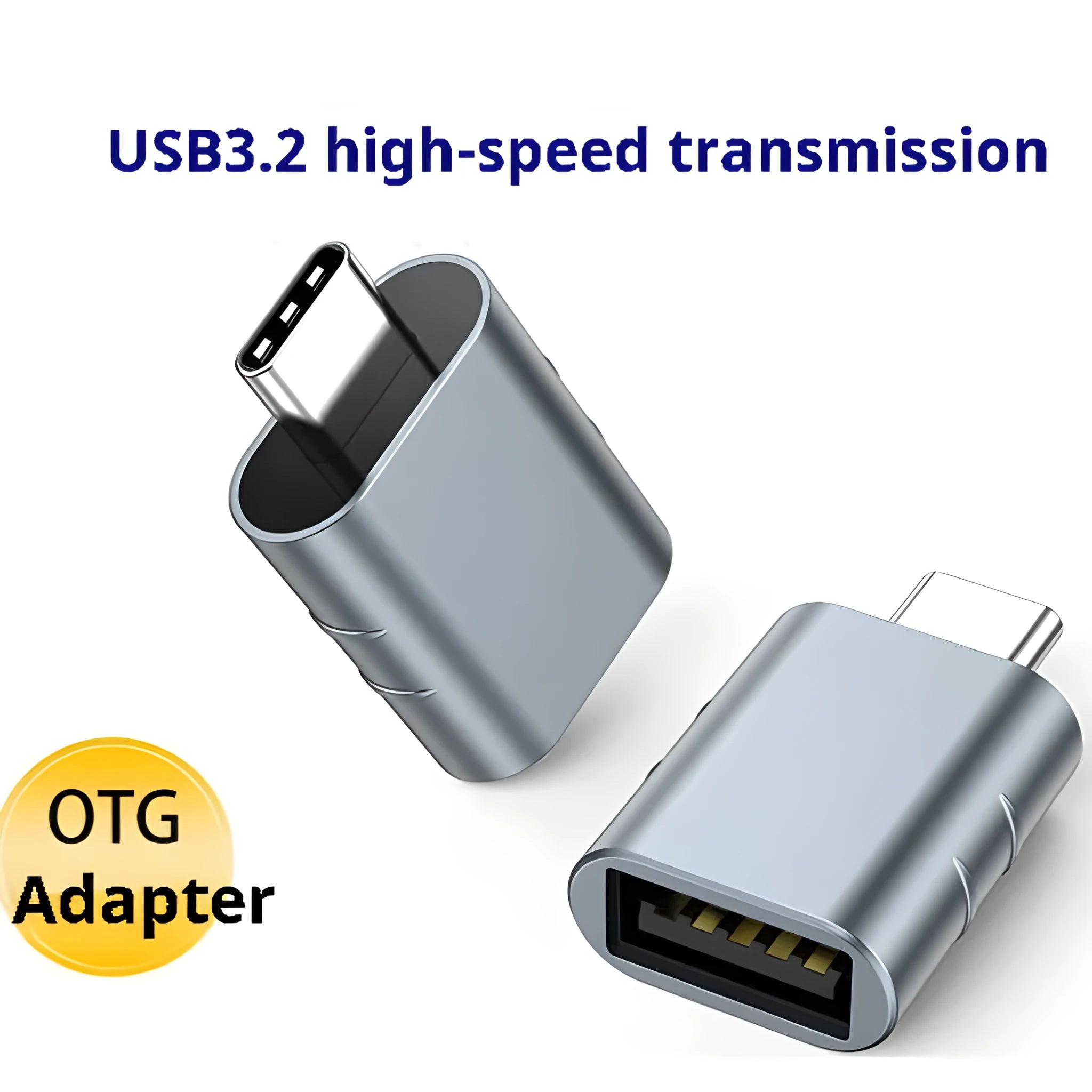 USB converter adapter with zinc alloy shell in various colours including silver, gold, and pink.