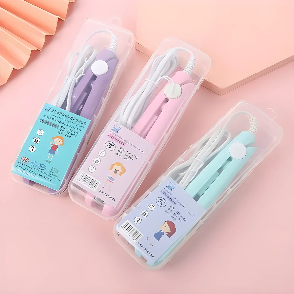 Mini hairdressing splint straightening iron for bangs styling with storage box in blue, pink, purple, white, or yellow colours