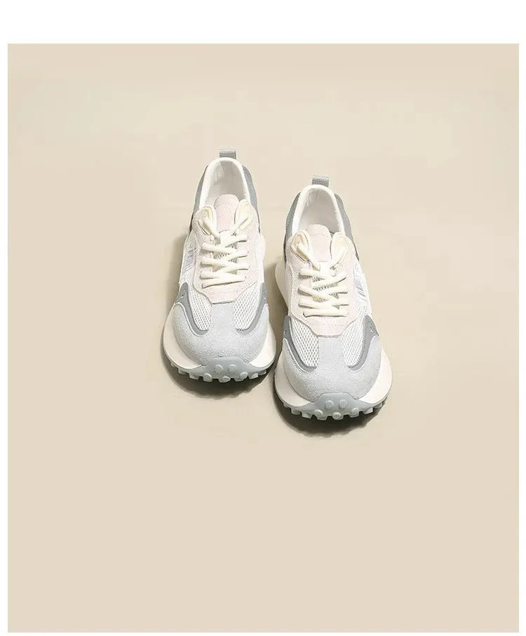 Women's grey and pink low-top retro sneakers with round toe and flat rubber sole