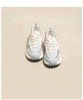 Women's grey and pink low-top retro sneakers with round toe and flat rubber sole
