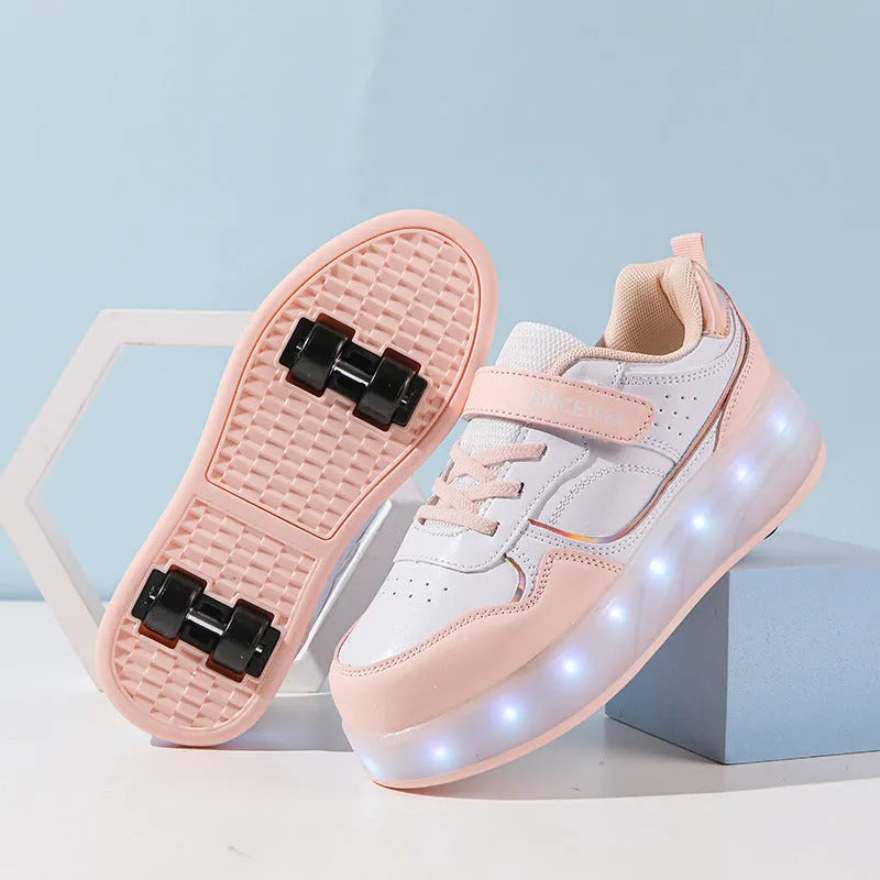 Charging LED roller skates for boys and girls in pink, showing two-wheel and four-wheel style options.
