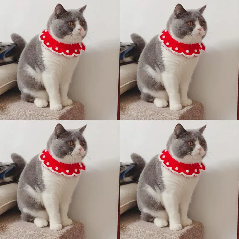 Handmade knitted pet collar in milk cotton with a cartoon pattern, shown in multiple sizes for cats, dogs, and rabbits.