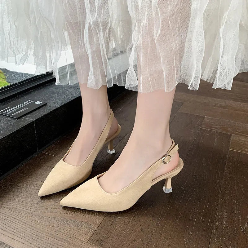 Women's pointed toe stiletto high heels in suede, shown in apricot, pink, sky blue, and yellow colours.