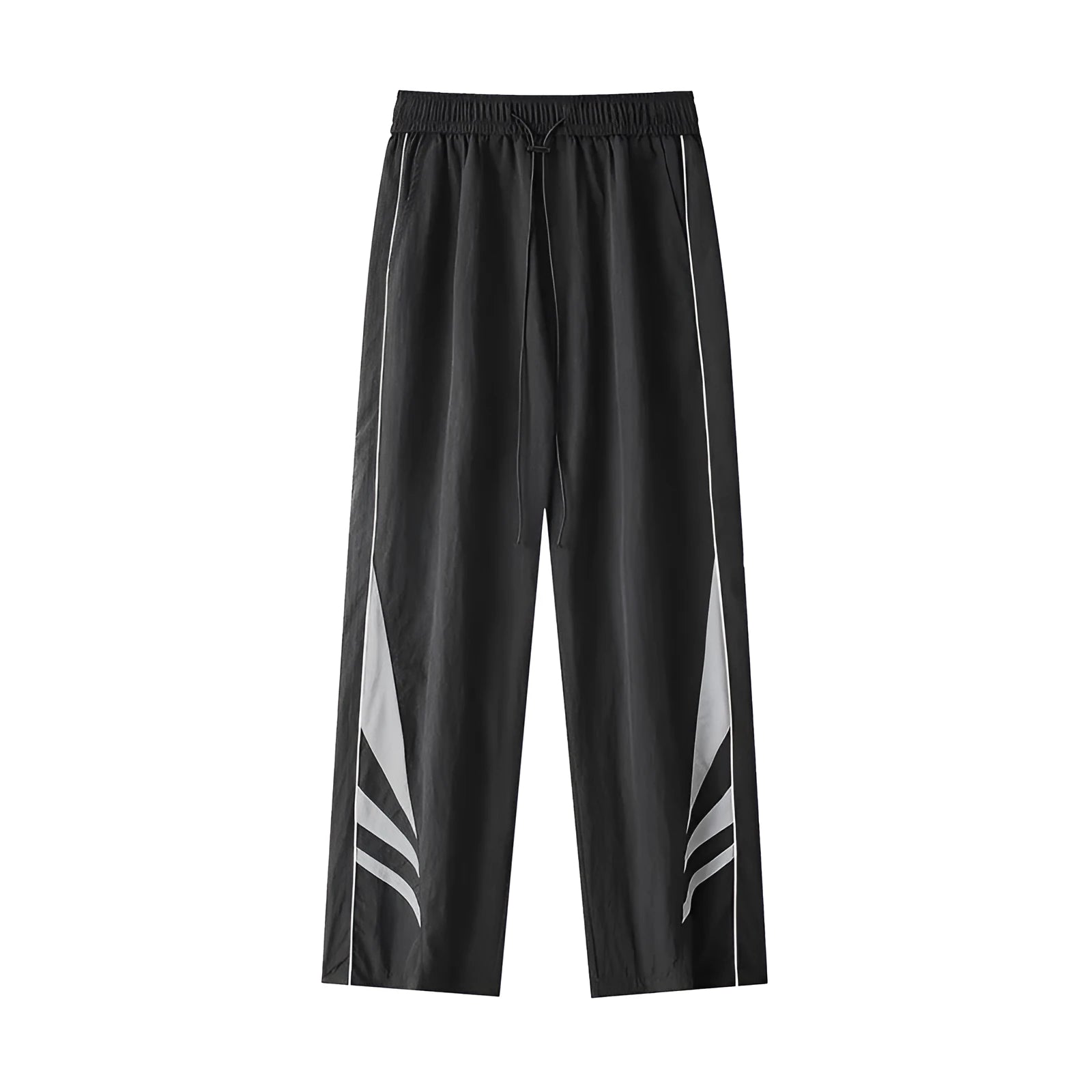 Black straight-leg loose-fit trousers on a plus-size male model for summer casual wear.
