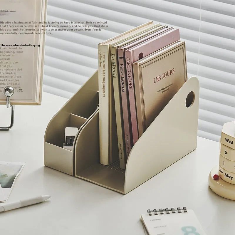 Plastic desktop storage box with two-layer grid compartments in milk coffee colour