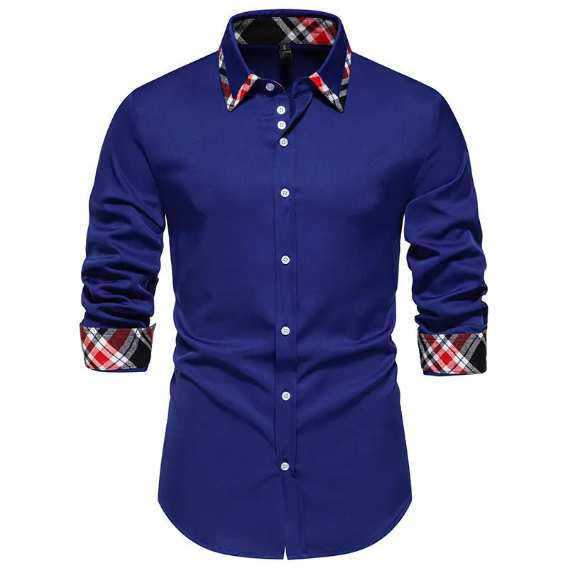 Men's blue plaid contrast casual shirt with triangle collar and long sleeves on a hanger.