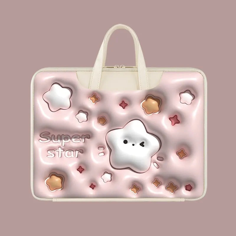 Inflatable PU leather laptop bag in cat beige colour with luggage strap, suitable for 13 to 15.6 inch laptops.