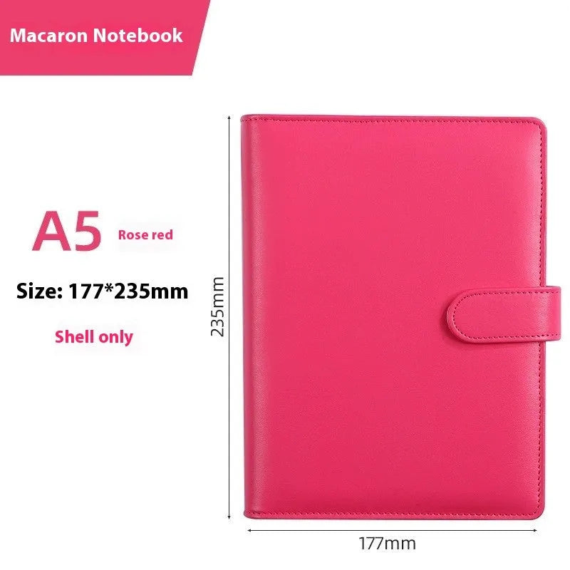 A5 PU leather zip-closure notebook shell in a solid colour, shown closed, for loose-leaf binders.