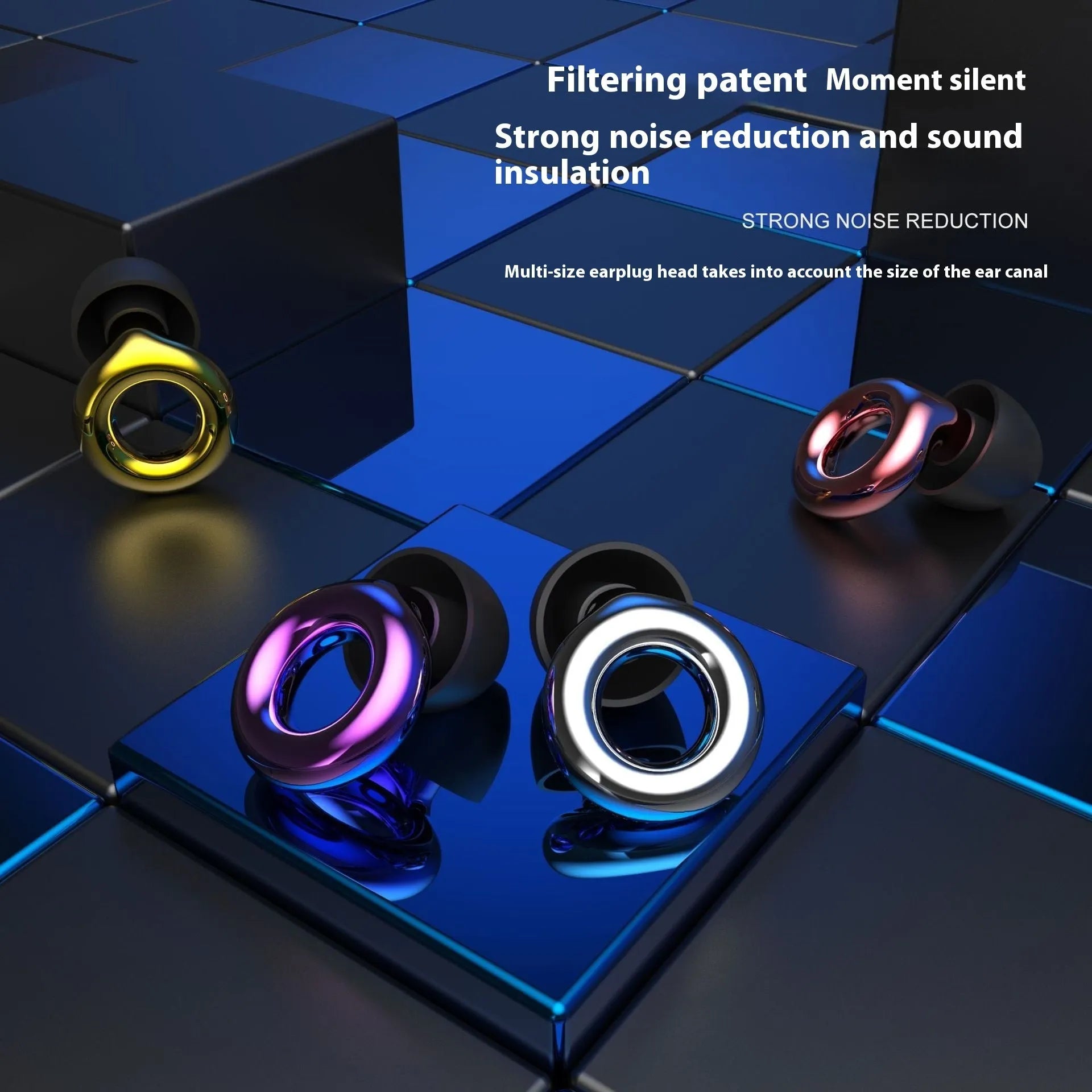 Noise reduction earplugs in gold, silver, transparent, purple, and rose gold with storage box
