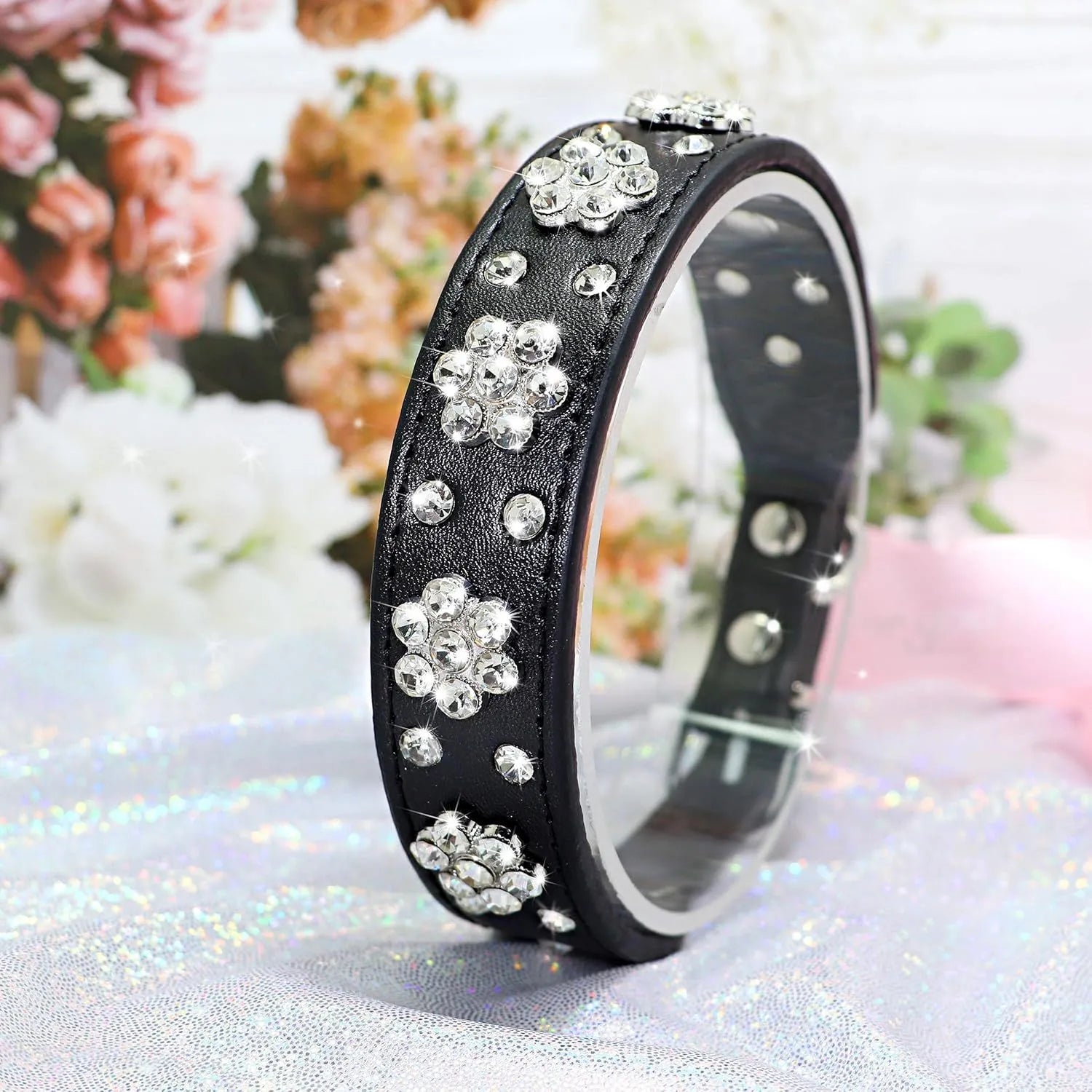 Black PU leather dog collar with rhinestone flower pattern and metal studs for small dogs