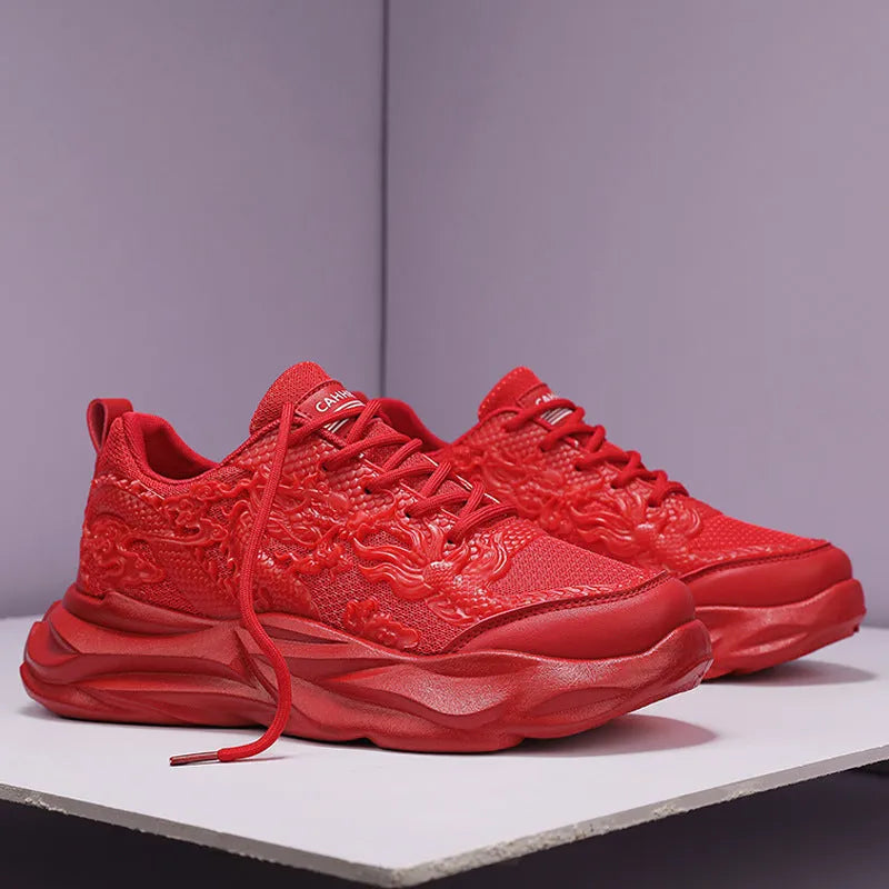 Chinese Loong casual sneakers with dragon print design on a breathable fly knit upper and rubber sole.