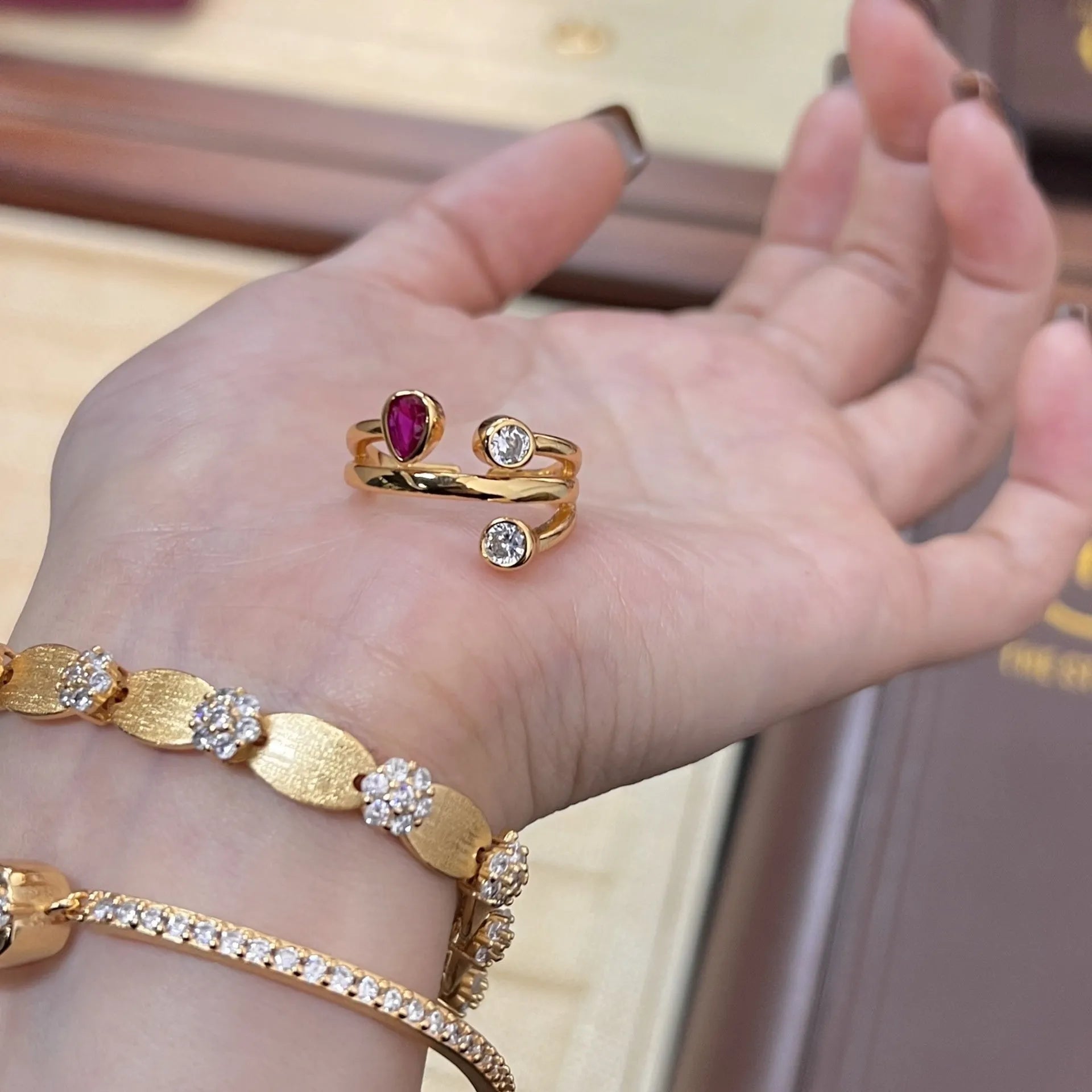 Double-headed irregular cross diamond ring in two-tone electroplated copper with retro styling