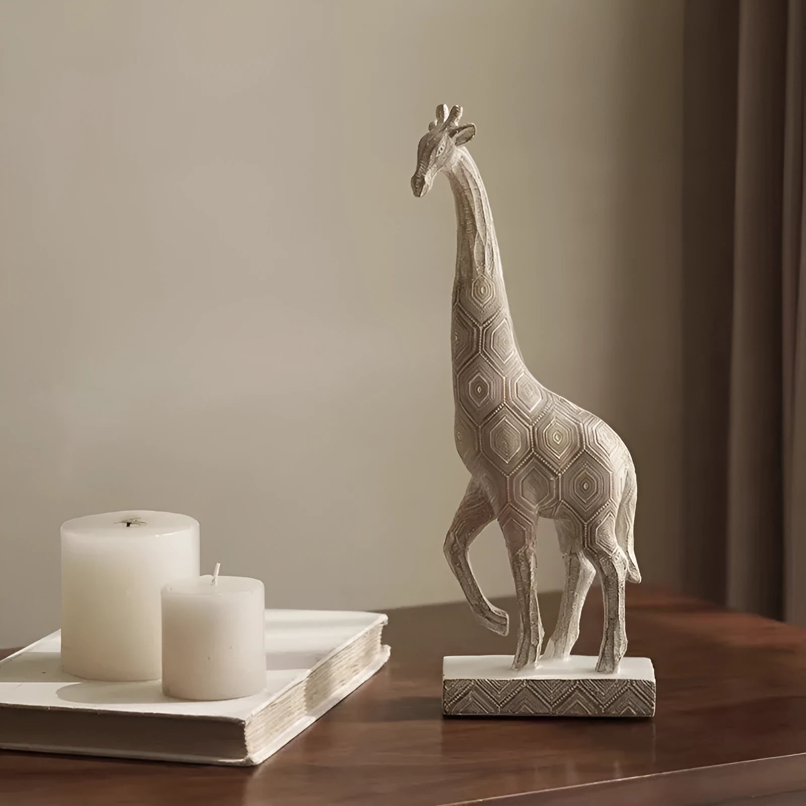 Wood colour giraffe sculpture decoration made from synthetic resin measuring 30.5cm tall
