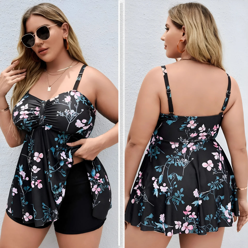 Women's floral print one-piece swimsuit with split colour design in plus sizes.