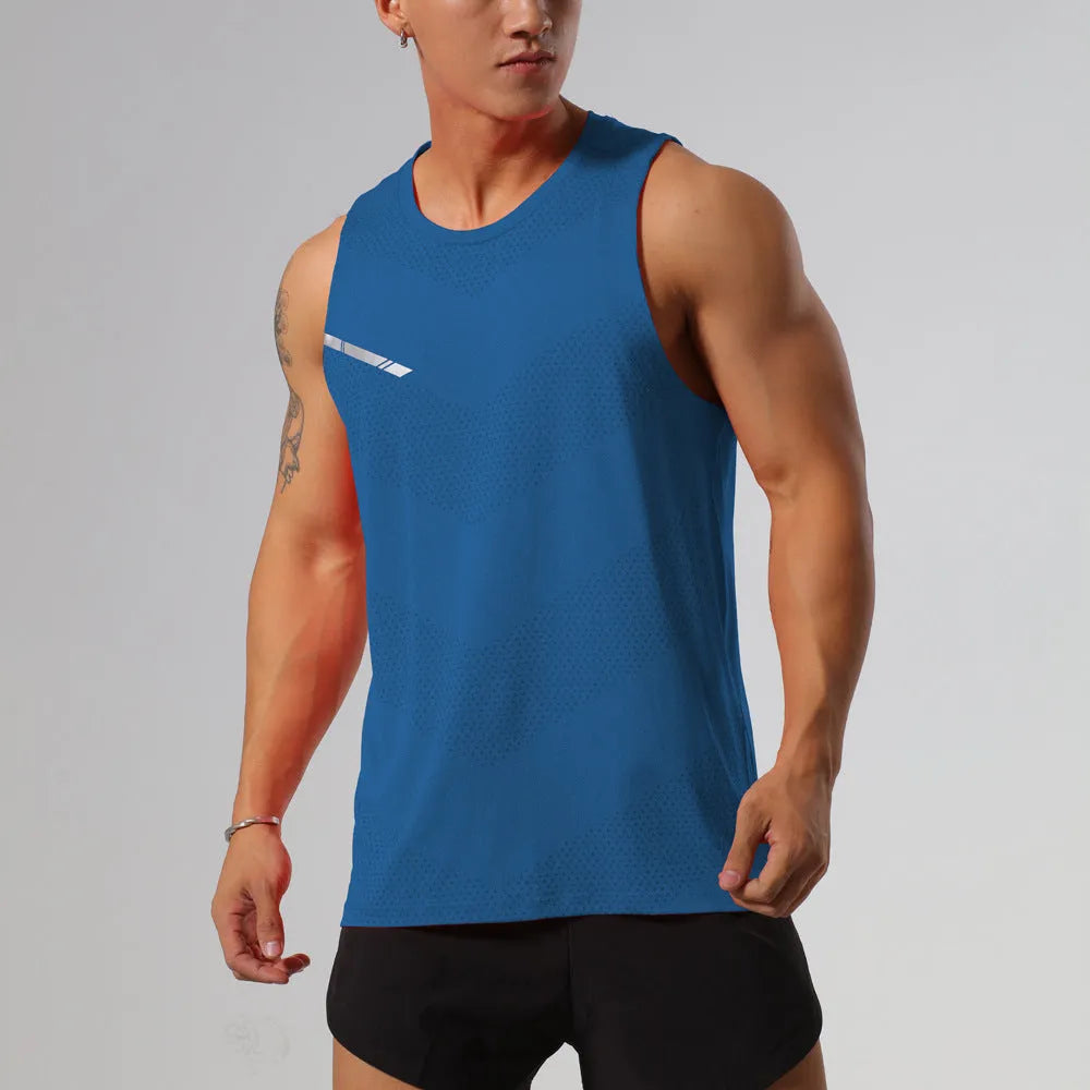Man wearing a grey quick-drying polyester sports tank top for summer outdoor activities.