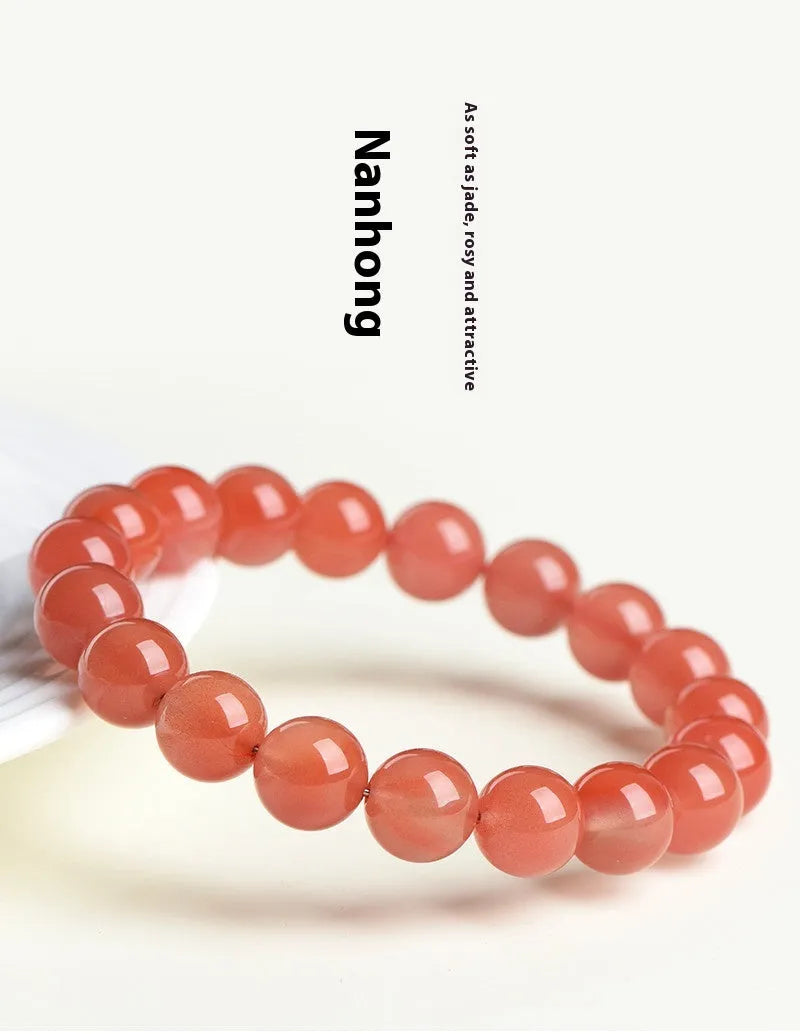 Natural polished cherry red agate scattered beads bracelet on a wrist, showing single circle and three circle size options.