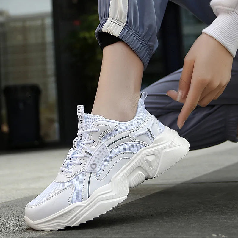 White women's casual sports shoes with mesh upper, buckle, and thick PU sole
