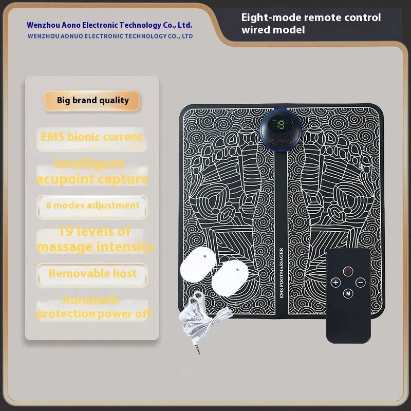 Rechargeable reflexology foot massager mat with remote control on a wooden floor.
