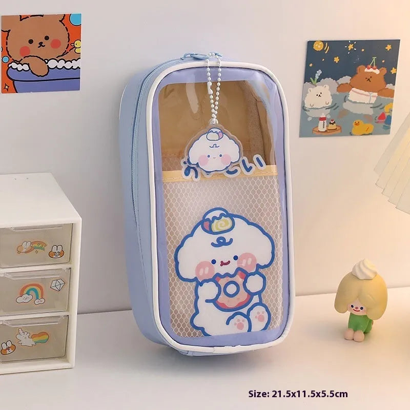 Transparent PVC pencil case with cartoon pattern, showing large capacity design for stationery storage