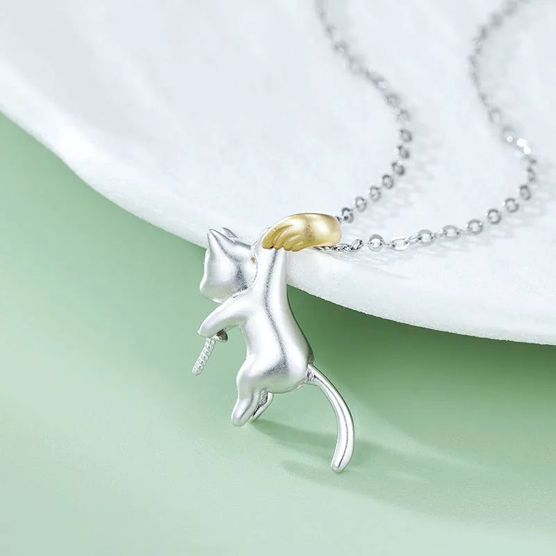 925 sterling silver clavicle chain necklace with cat motif and electroplated finish
