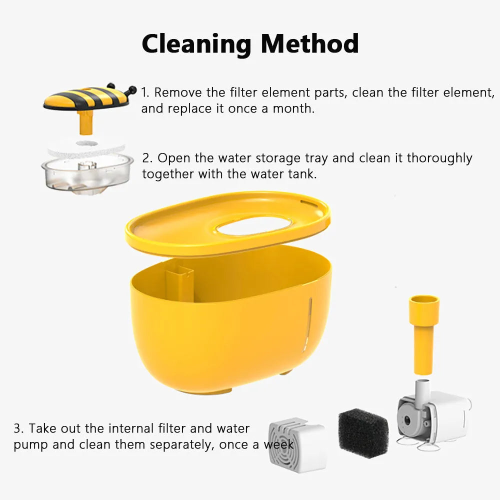 Yellow cat water fountain with filtration system and USB power cable