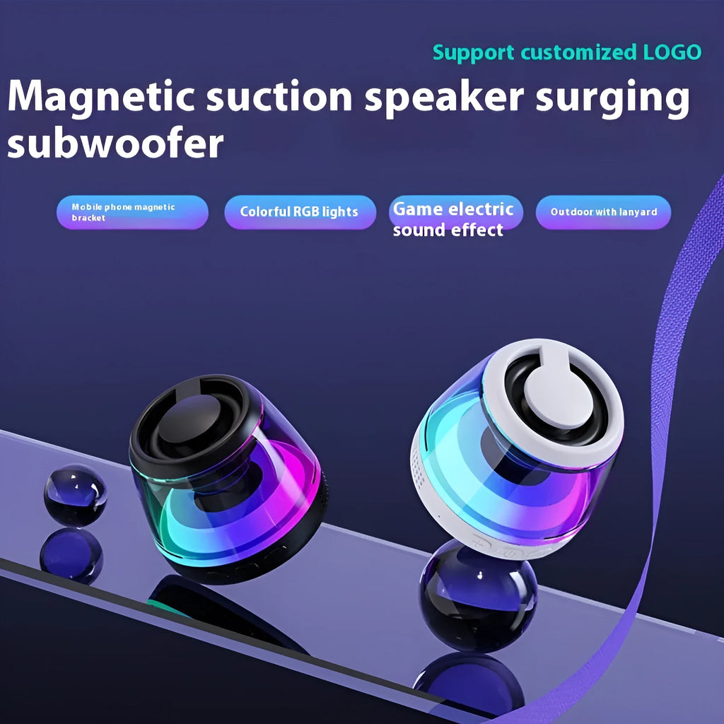 Portable wireless Bluetooth speaker with magnetic base and ambient lighting in black or white colour