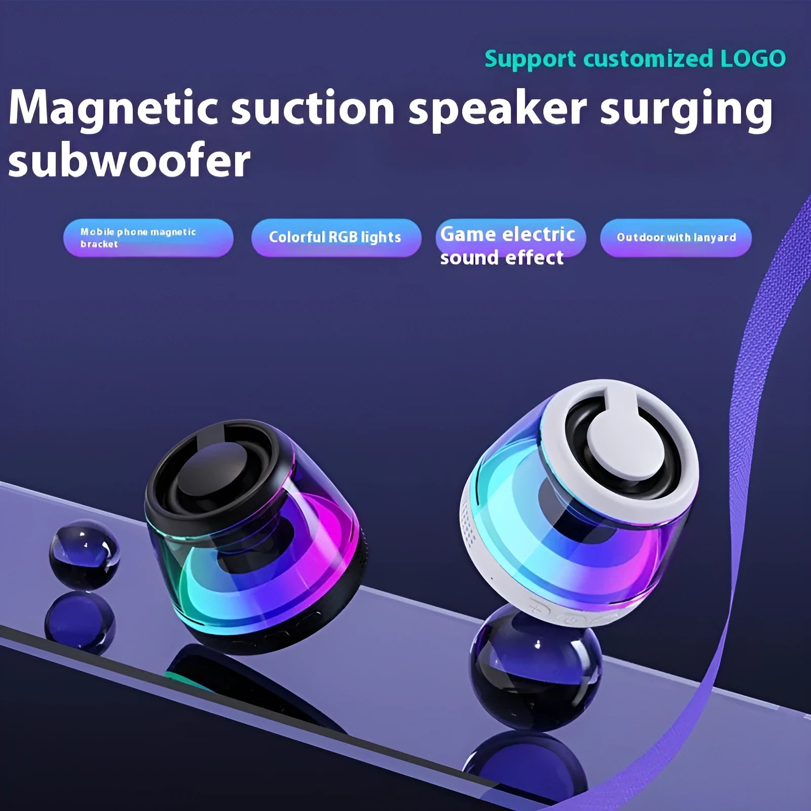 Portable wireless Bluetooth speaker with magnetic base and ambient lighting in black or white colour