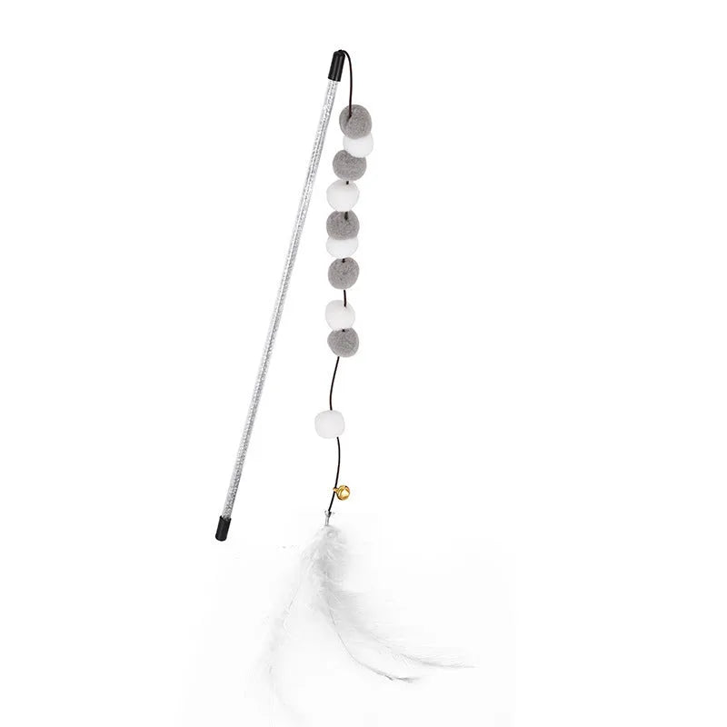 Grey, yellow and blue cat teaser rod with feathers, bell and acrylic pompons