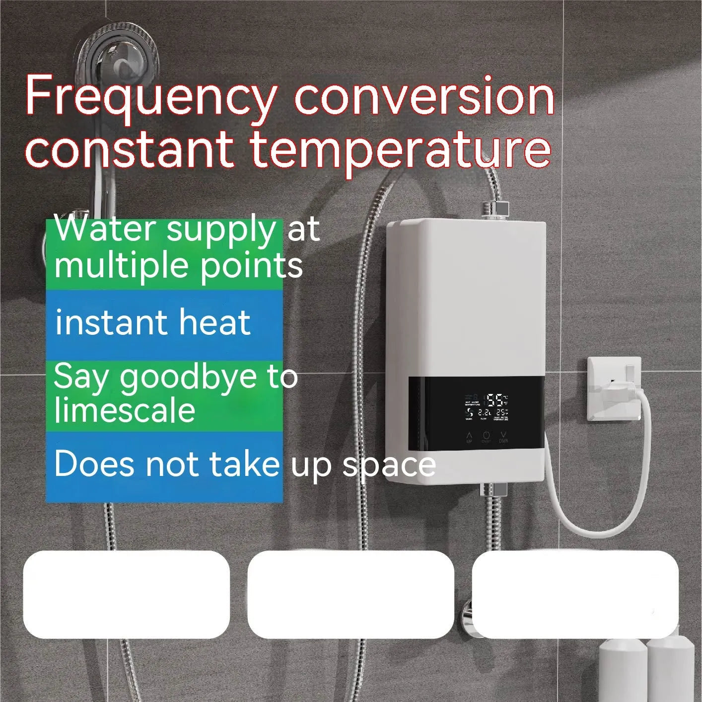 Wall-mounted instant electric water heater with LED touch screen display in a choice of colours.