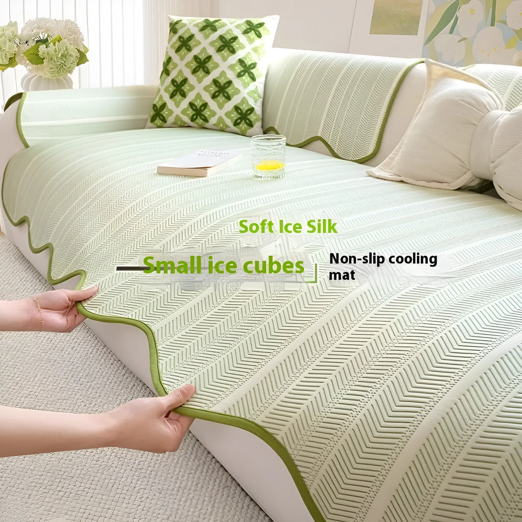 Ice Silk special-pattern sofa cover in Jelly Green laid over a grey sofa, showing non-slip edges.