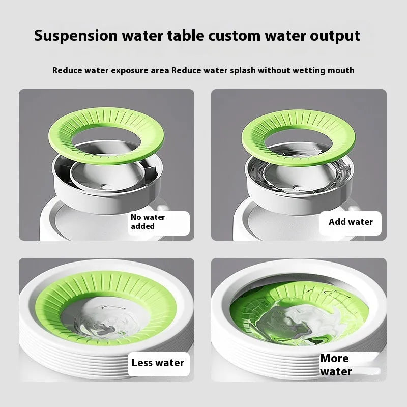 Blue suspended pet water bowl for dogs and cats on a white base plate, showing non-spill design.
