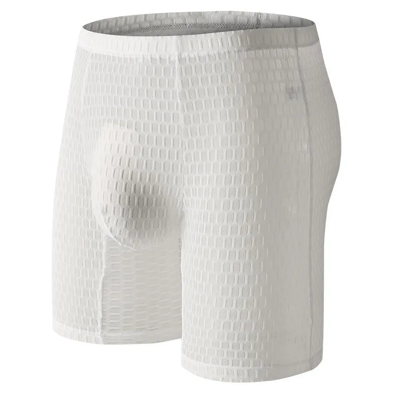 Men's solid colour lace boxer briefs with a lengthened hip-lifting design on a white background.