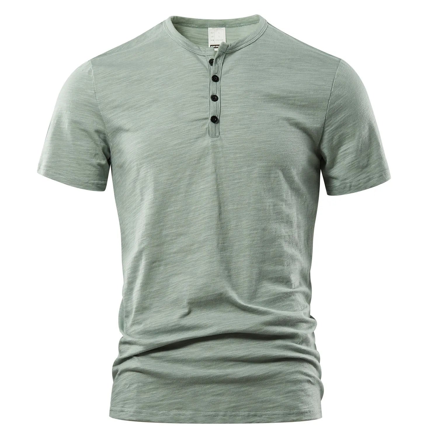 Men's slub cotton short sleeve T-shirt in a solid colour on a hanger, showing the textured fabric and British style cut.