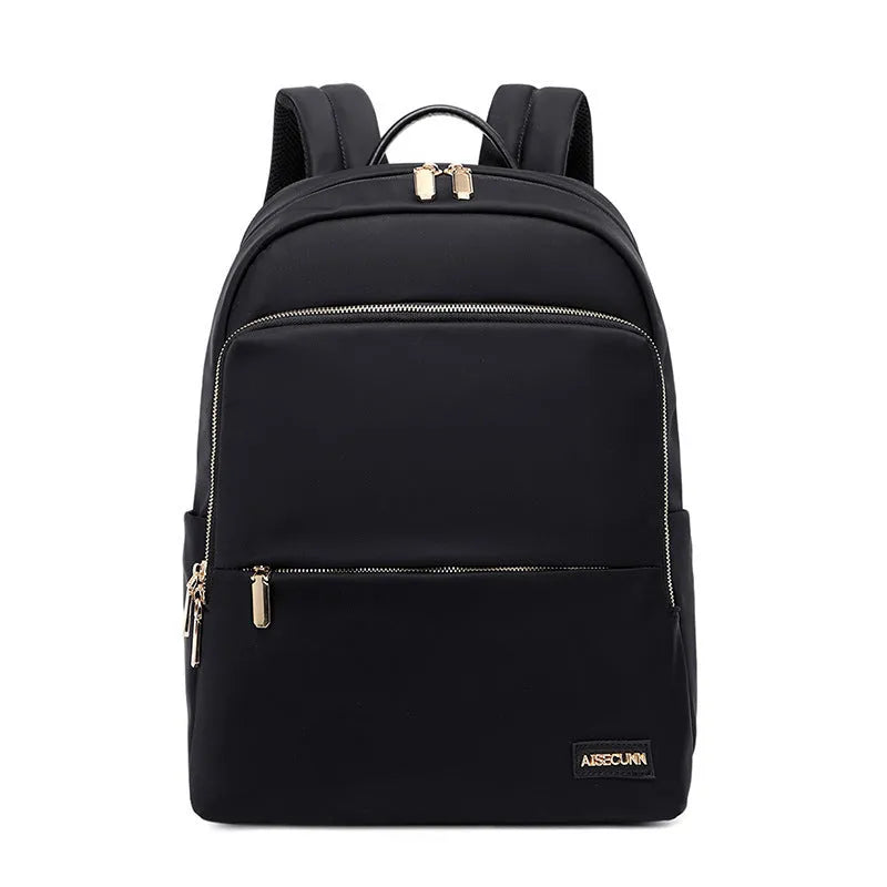 Large capacity women's Oxford cloth backpack in black and grey colours showing waterproof anti-theft design