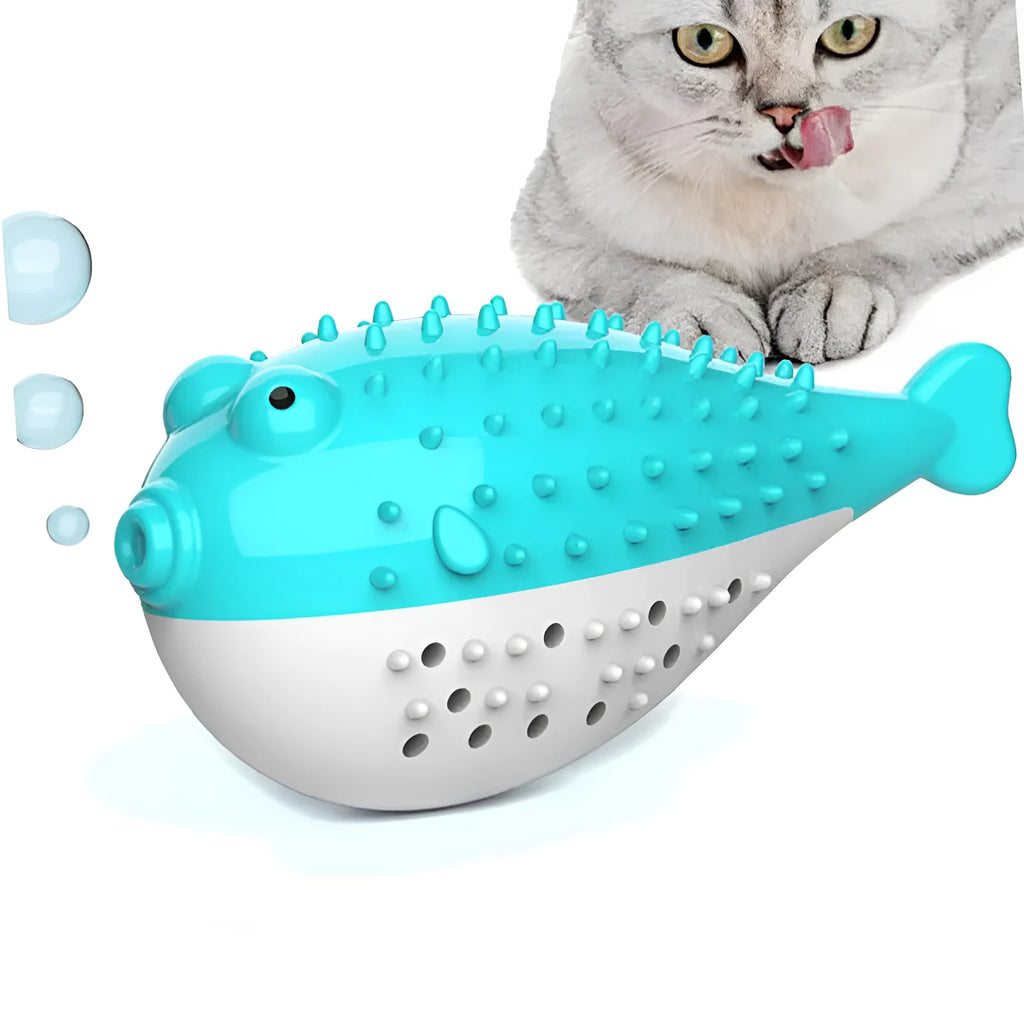 Blue silicone fish-shaped cat chew toy measuring 12.2cm long with textured surface