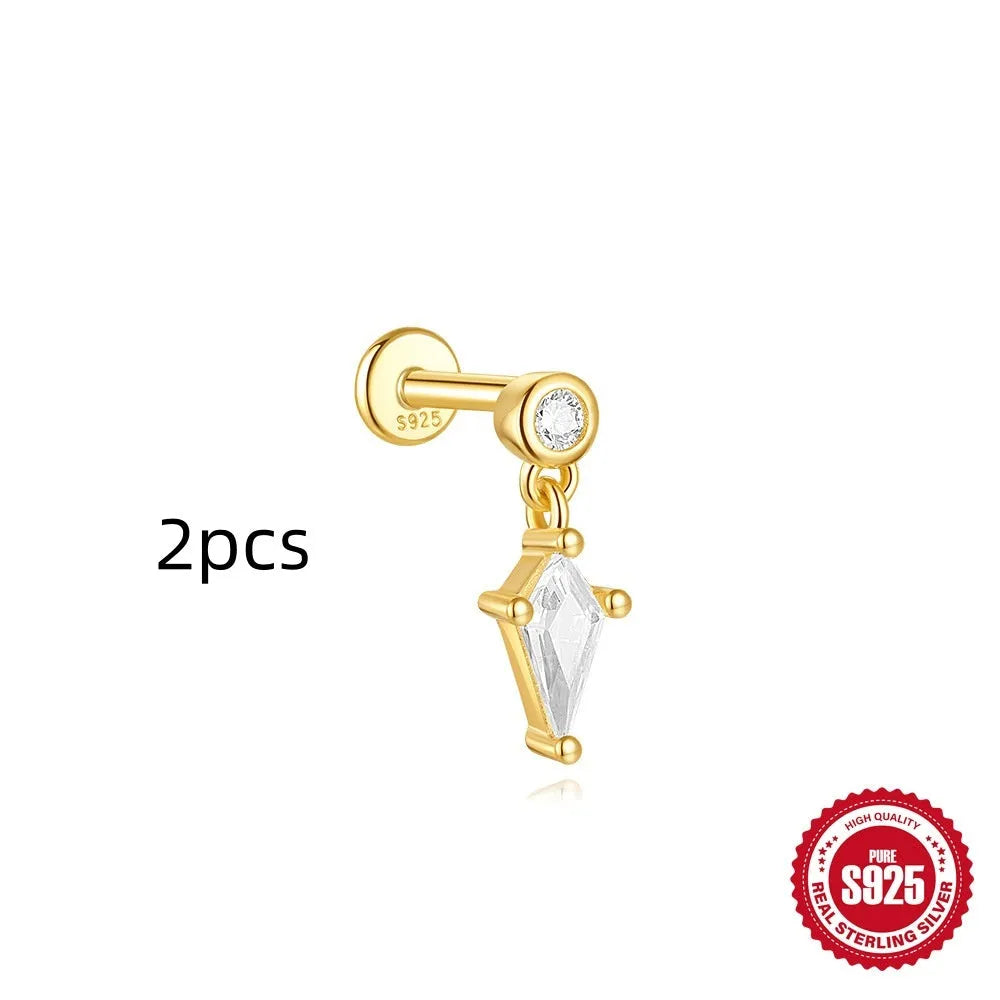 S925 sterling silver geometric kite shaped earrings with chain tassel and rhinestone detailing in gold tone finish