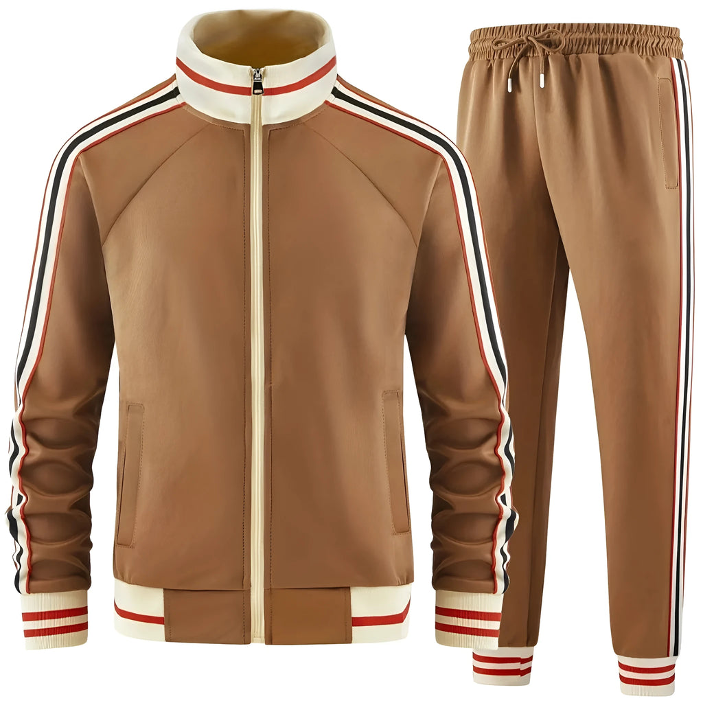 Men's khaki street style turtleneck zipper cardigan and trousers suit for casual wear