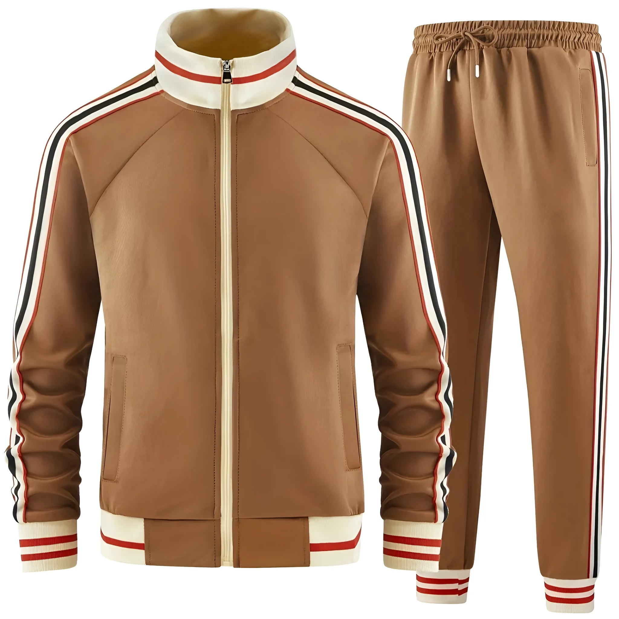 Men's khaki street style turtleneck zipper cardigan and trousers suit for casual wear