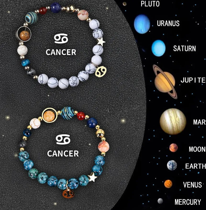 Set of two natural stone beaded bracelets featuring zodiac sign designs on a dark background
