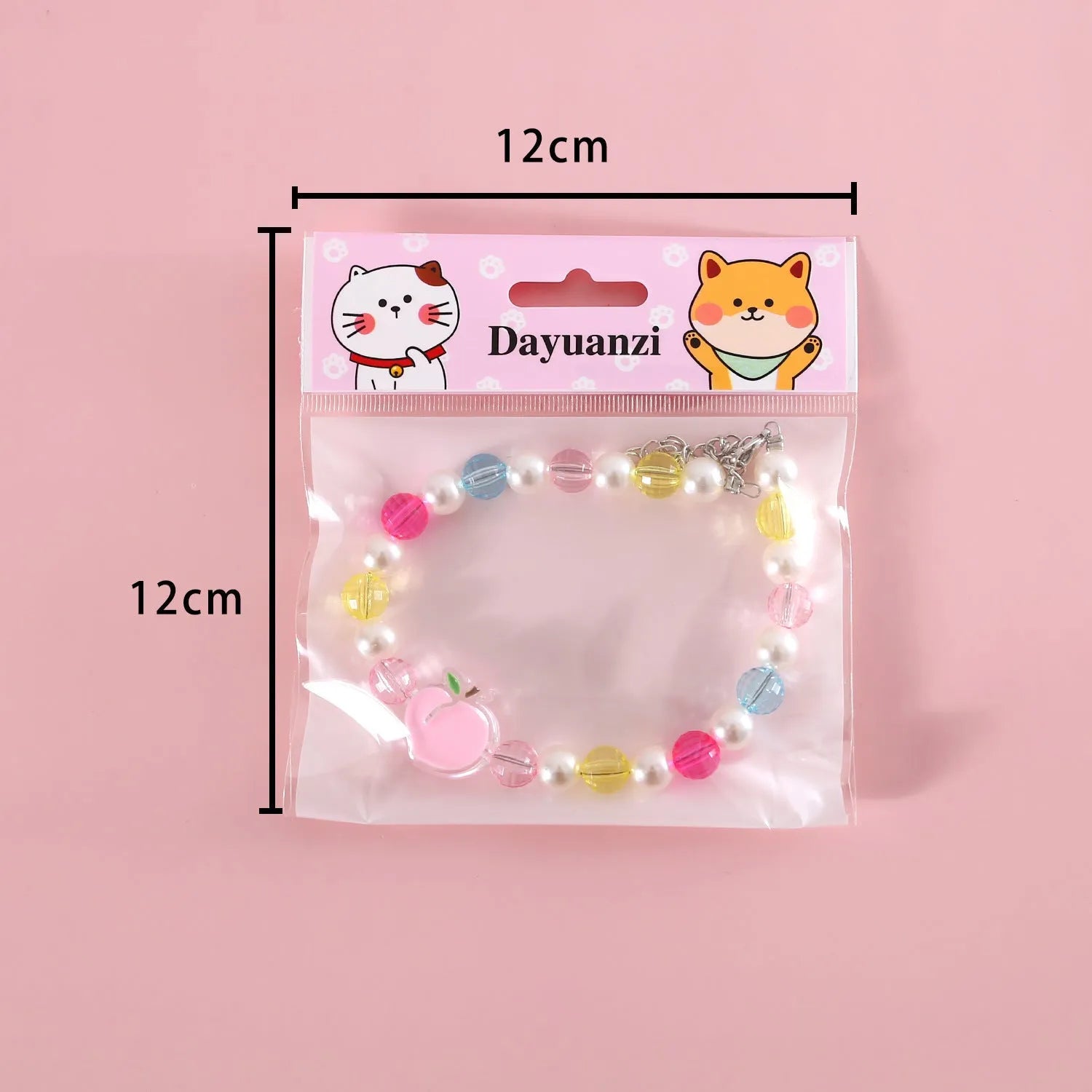 Colourful plastic bead pet necklace in peach, rainbow, or small flower patterns with adjustable sizing.