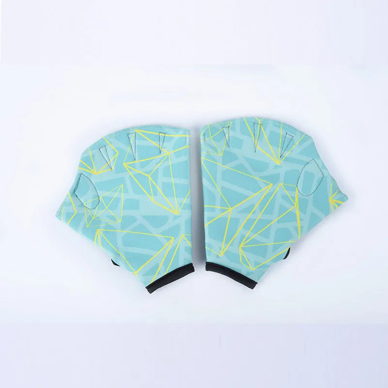Duck feet webbed swimming gloves in multiple colour prints showing nylon construction and sizing options