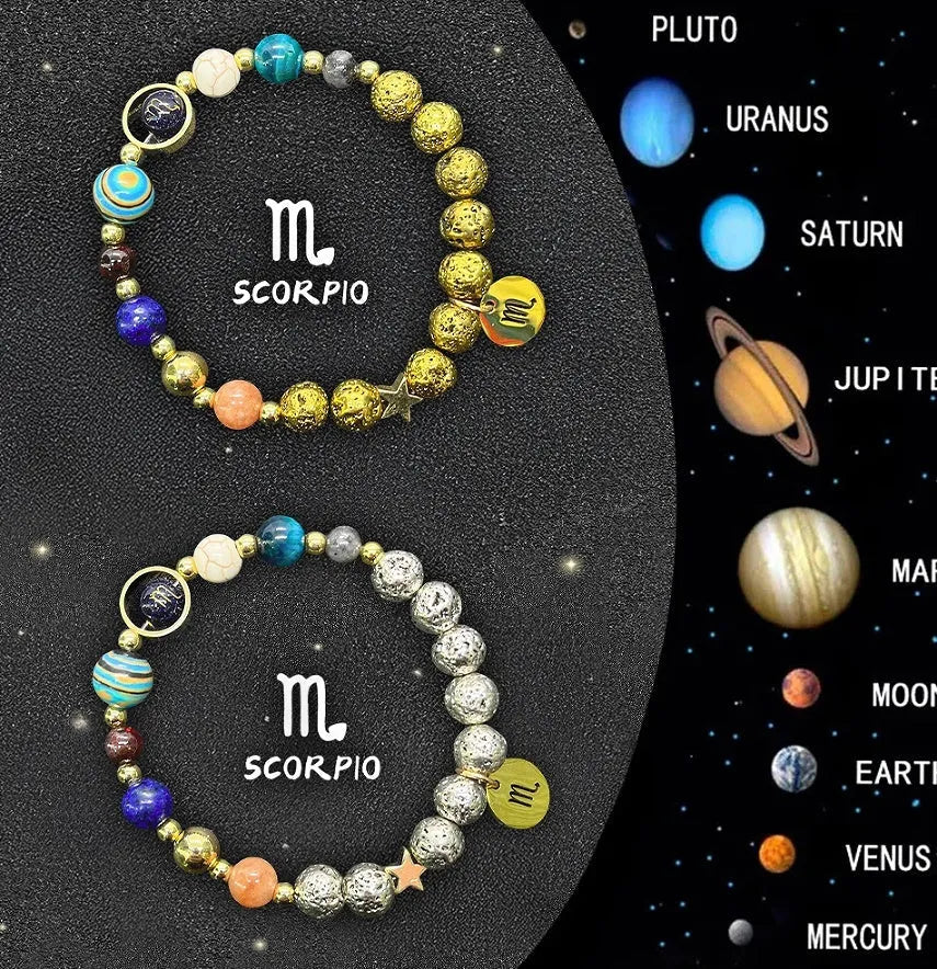 Set of two natural stone beaded bracelets with twelve different zodiac sign designs.