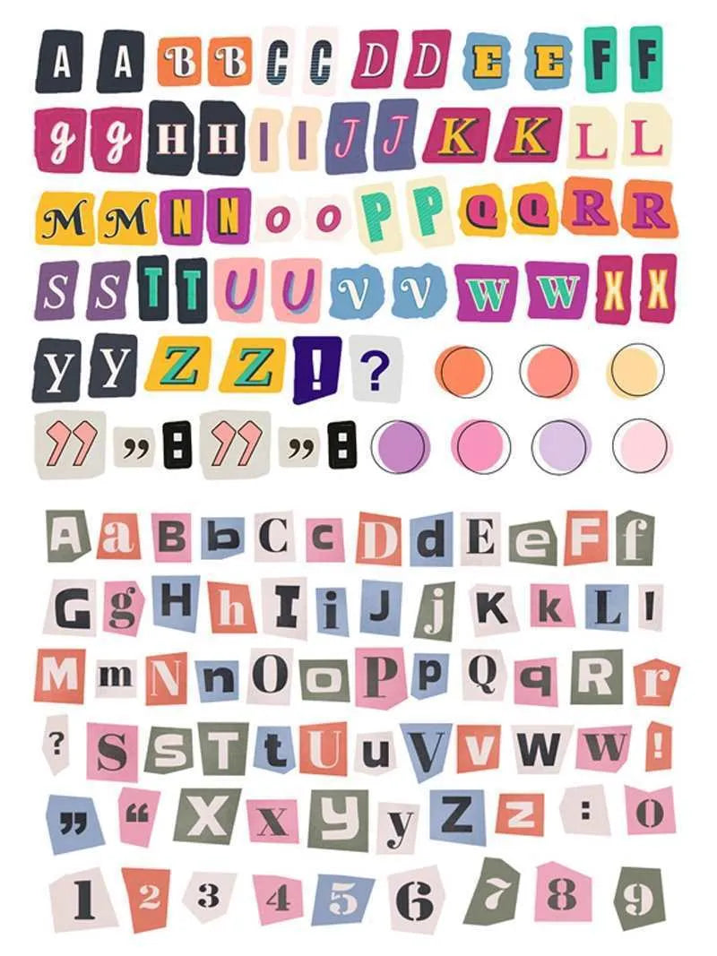 Set of printed vinyl decoration stickers showing English letters A, B, C, D, E and weekly words in a cute style.