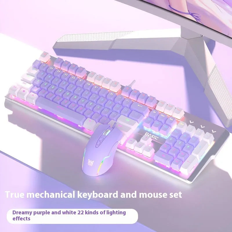 Purple and white mechanical keyboard and mouse set with backlight illumination