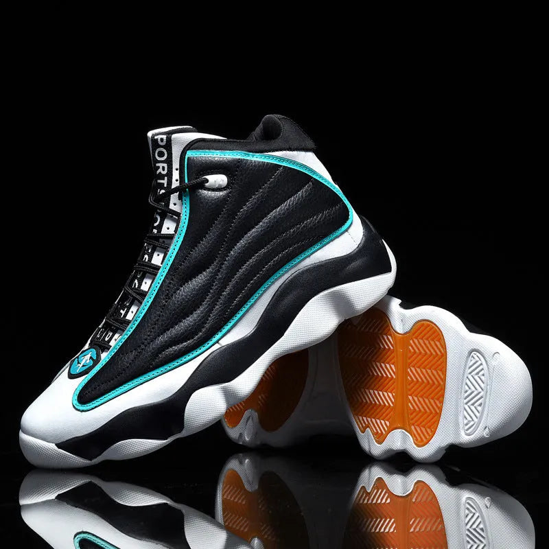 High-top basketball shoes with thick rubber sole and mesh upper in AJ13 colour options