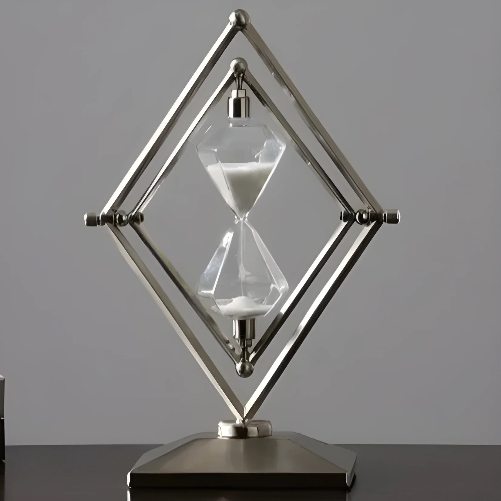 Zinc alloy metal and glass sand timer ornament with modern minimalist design in bronze or silver colour