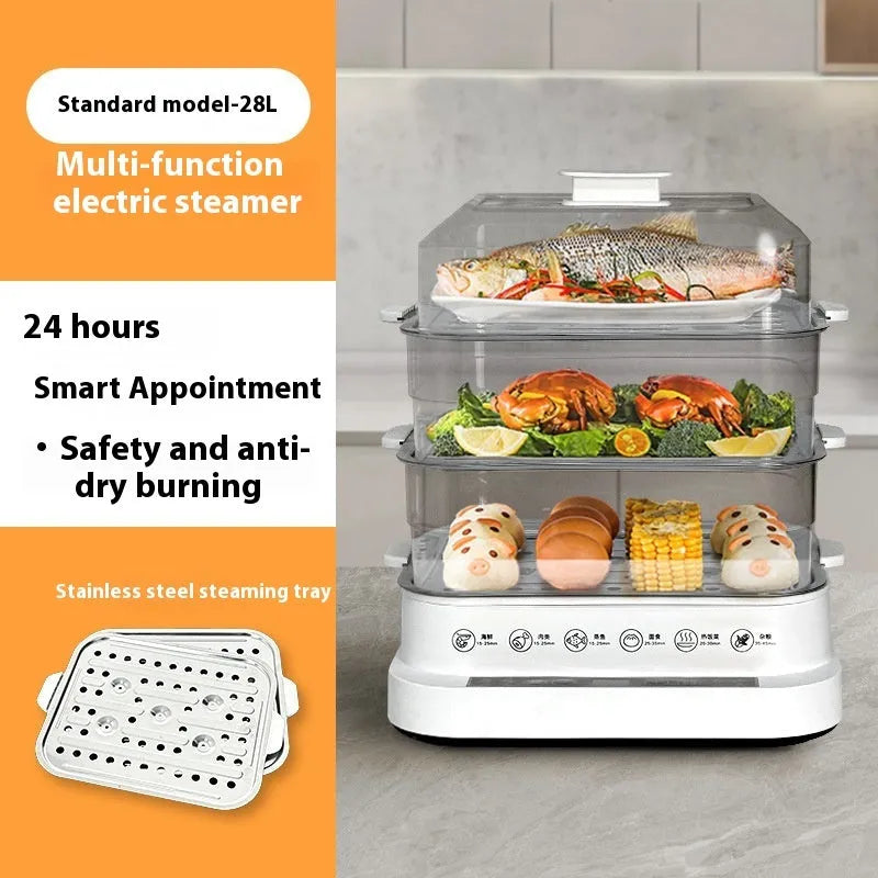 Stainless steel household electric steamer appliance with visible steaming rack and control panel.